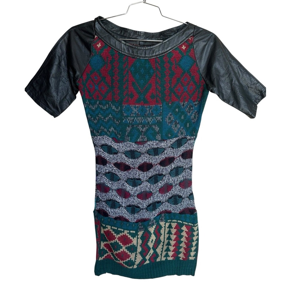 Urban Renewal Sweater Dress Vintage Patchwork Fabric Argyle Faux Leather Size‎ S